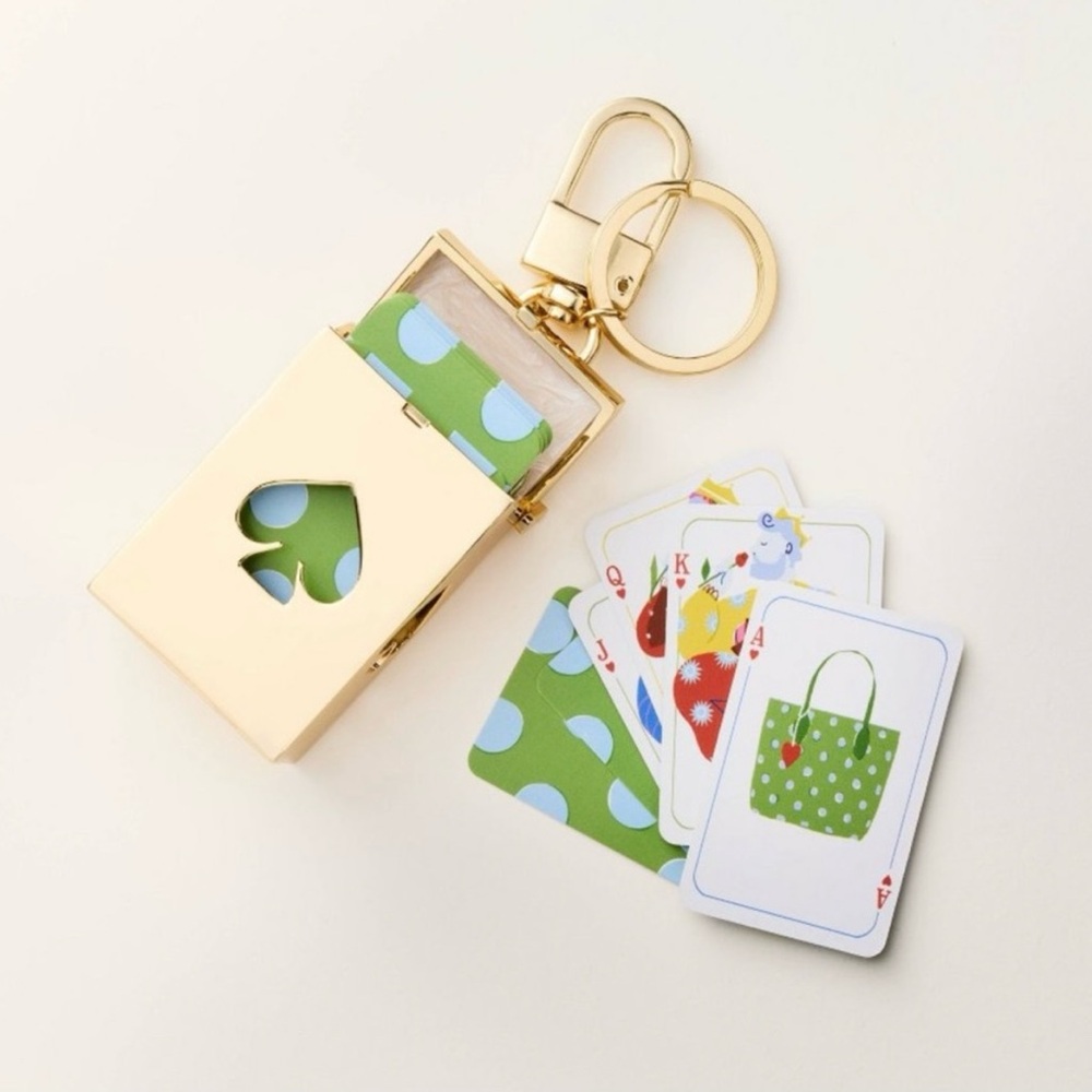 kate spade Gold Mini Card Holder Keychain with Green Accent Cards